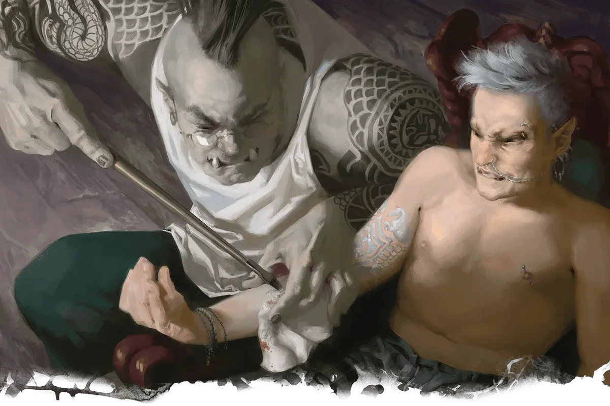 an Orc tattooing an elf